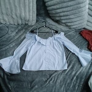 Lumiere NWT Ruffle-Off Shoulder Bell Sleeved Stripe Blouse in Light Blue
